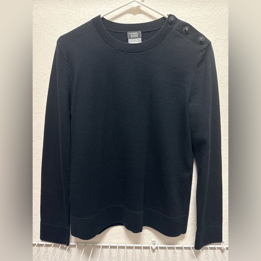 CHANEL Black Crewneck Wool Sweater with Shoulder Buttons